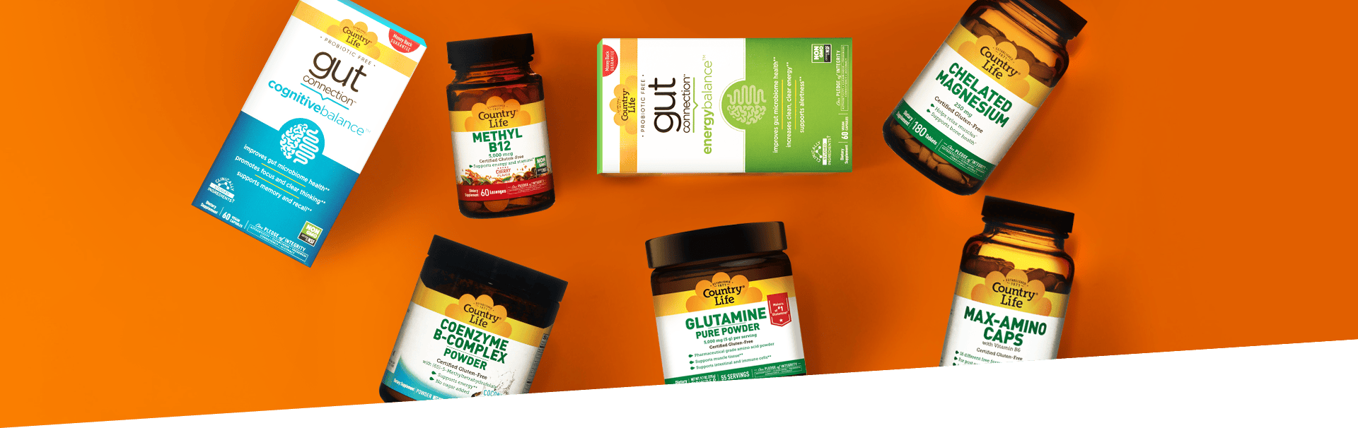 A collection of fitness and focus supplements on an orange background