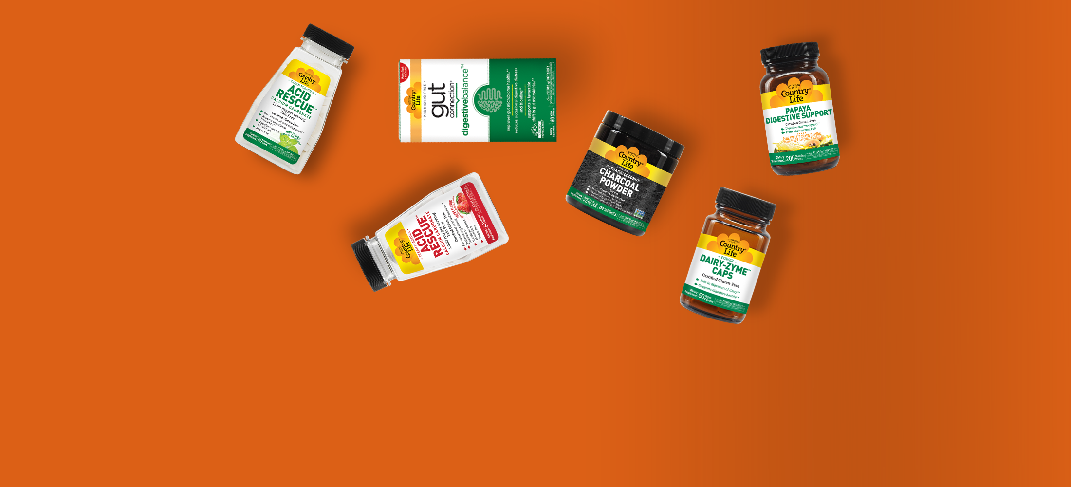 A collection of gut health supplements on an orange background