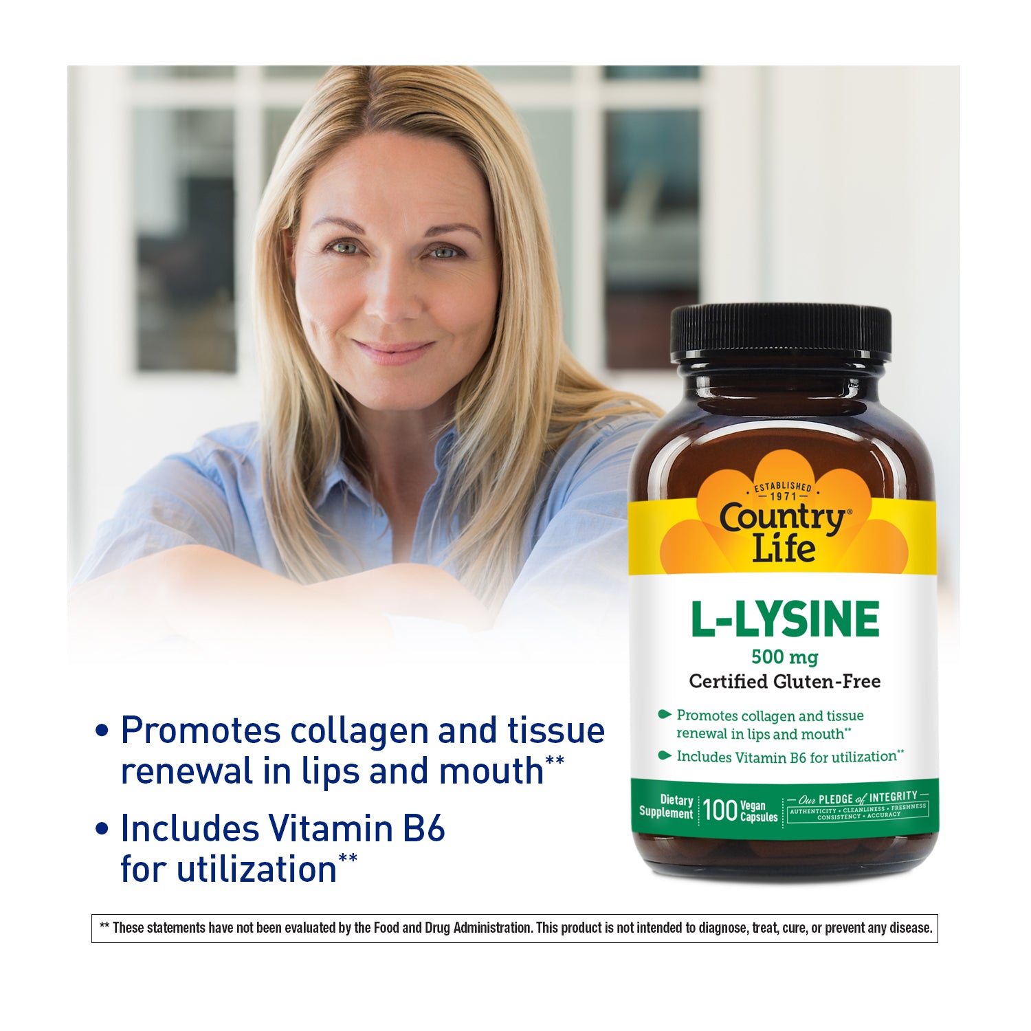 L-Lysine 500 MG 100 Vegan Capsules with women in background media carousel view 4