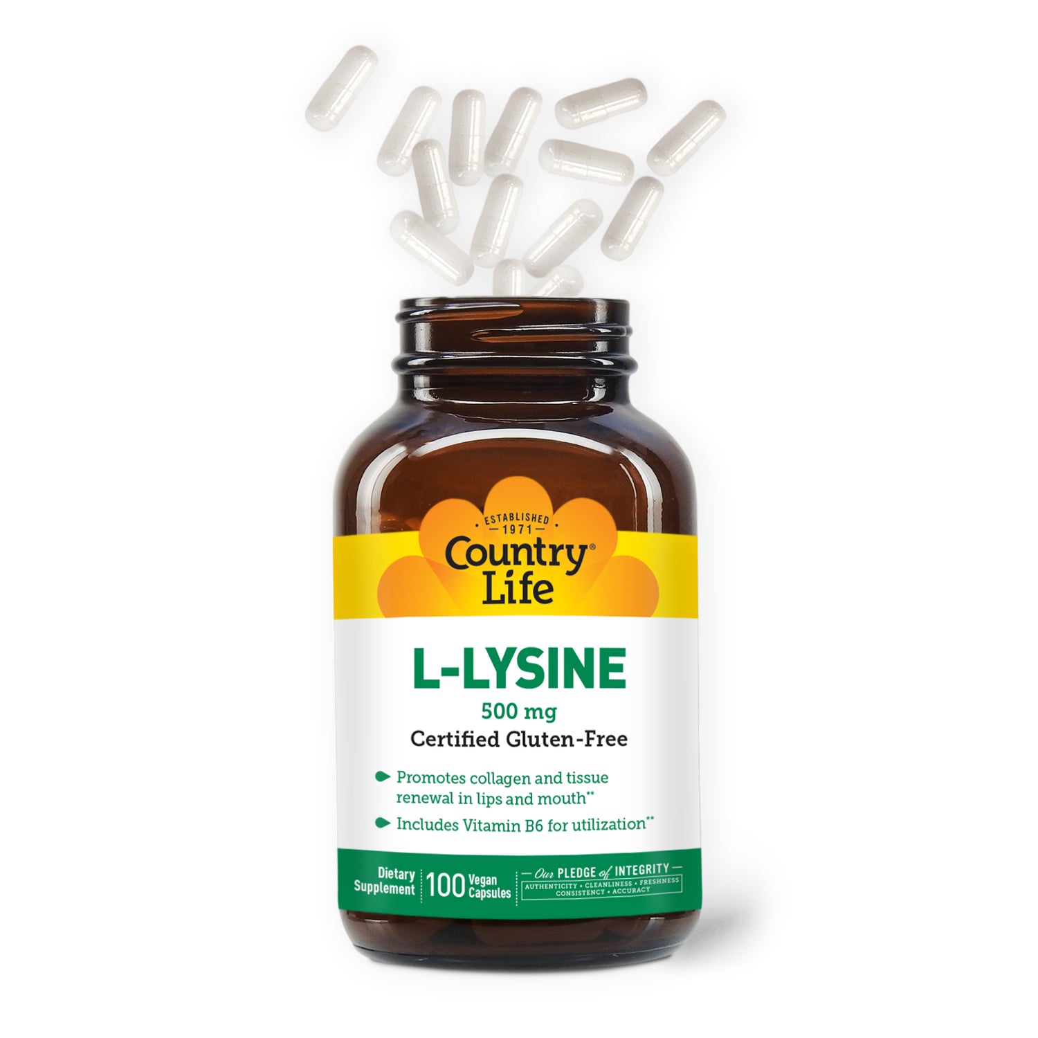 L-Lysine 500 MG 100 Vegan Capsules with vegan capsules coming out of the top of the bottle media carousel view 3