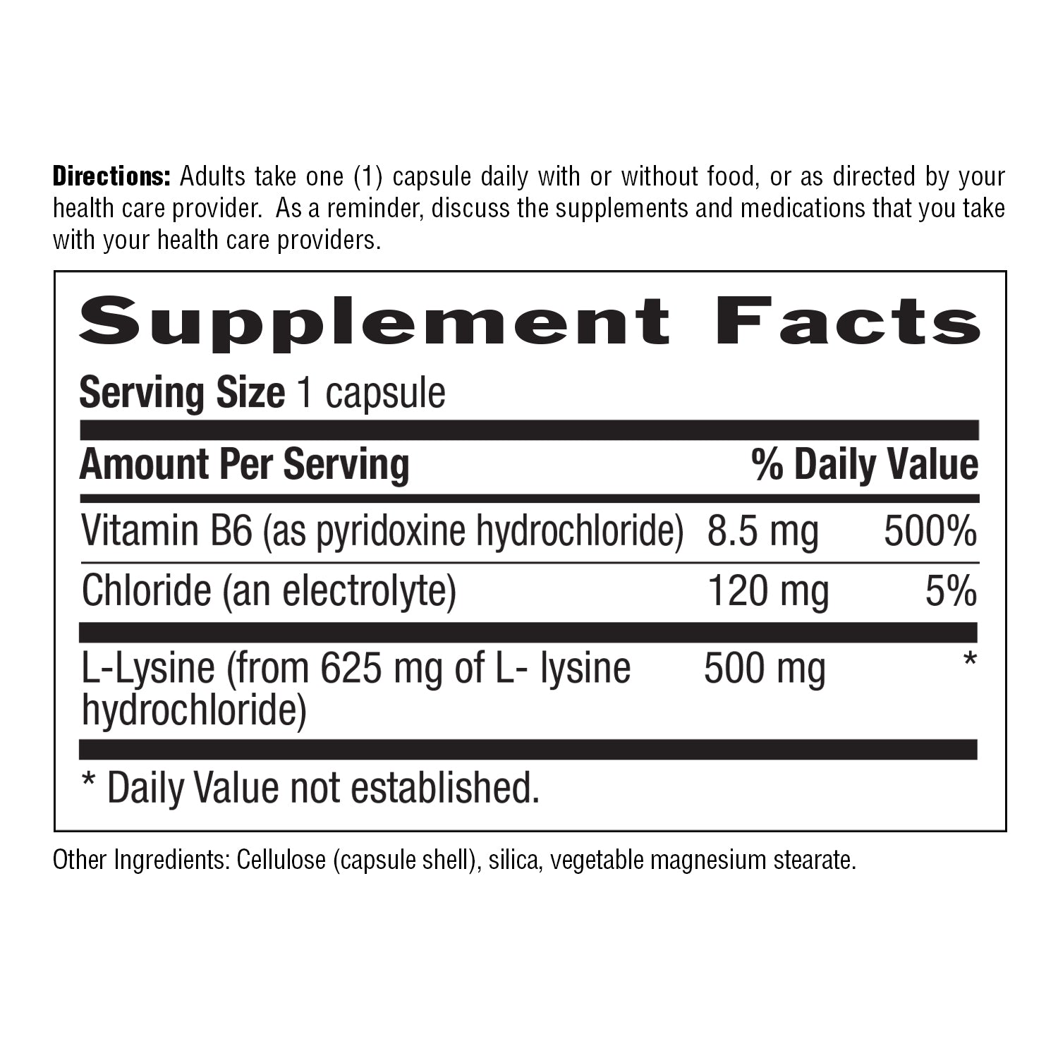 Supplement Facts for L-Lysine 500 MG 100 Vegan Capsules media carousel view 6