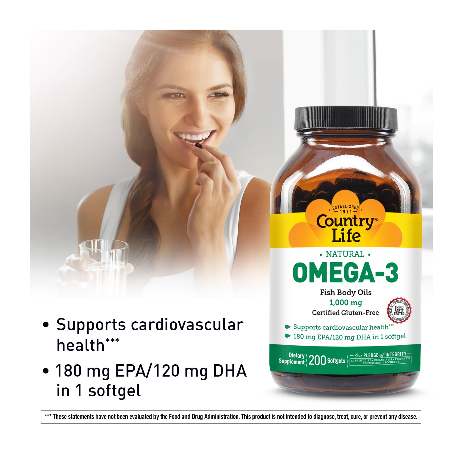 Country Life Omega-3 supplement bottle with a woman in the background media carousel view 7