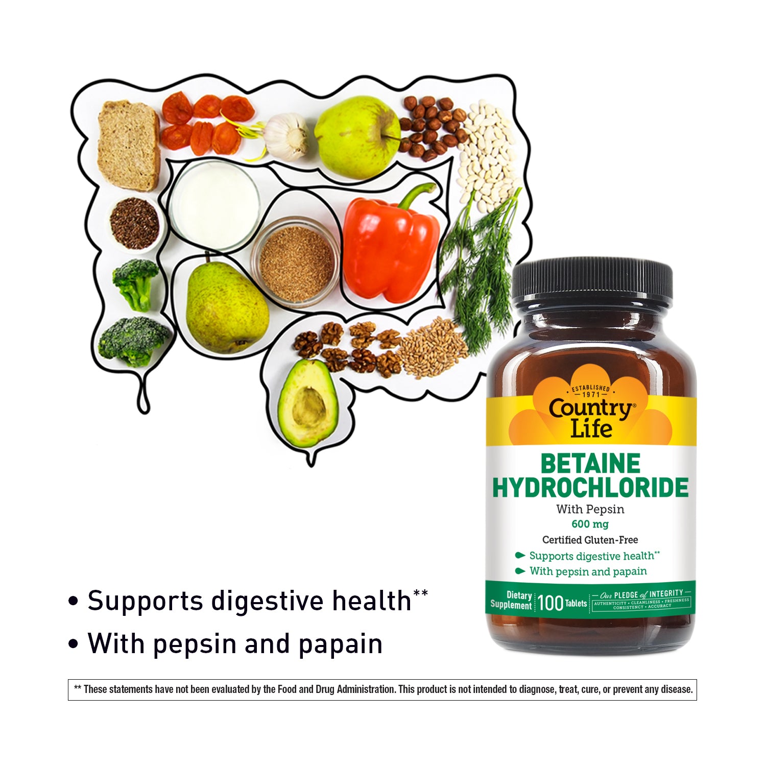 Bottle of Country Life Betaine Hydrochloride supplement with a food plate illustration on a white background. media carousel view 8