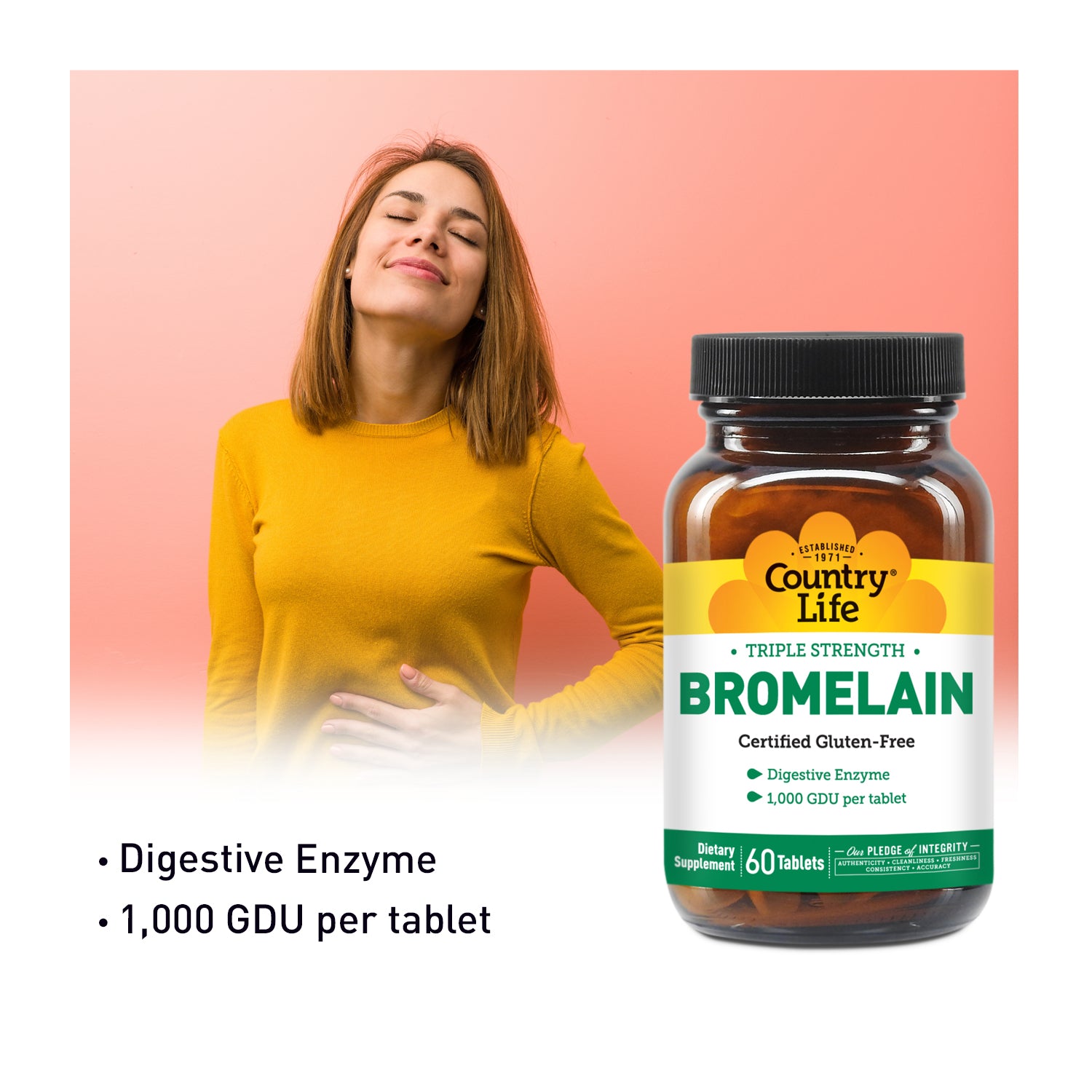 Woman with a bottle of Country Life Bromelain supplement on a pink background media carousel view 5