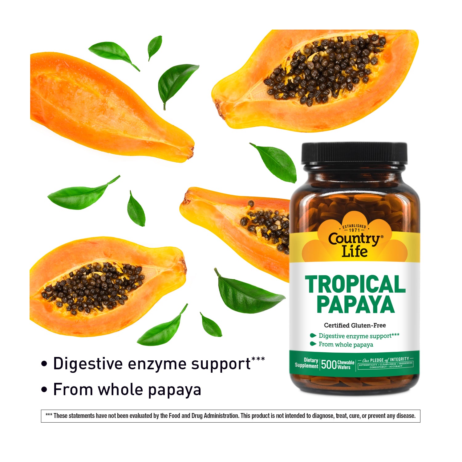 Bottle of Country Life Tropical Papaya supplement with papaya slices and leaves on a white background media carousel view 6