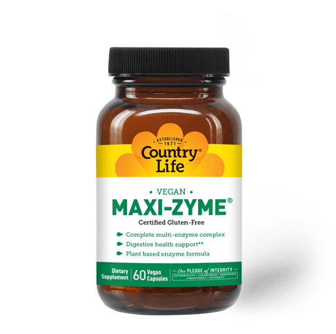 A bottle of Country Life Maxi-Zyme, a vegan dietary supplement with a label indicating it's for digestive health support, with a disclaimer stating it's gluten-free. media carousel view 3
