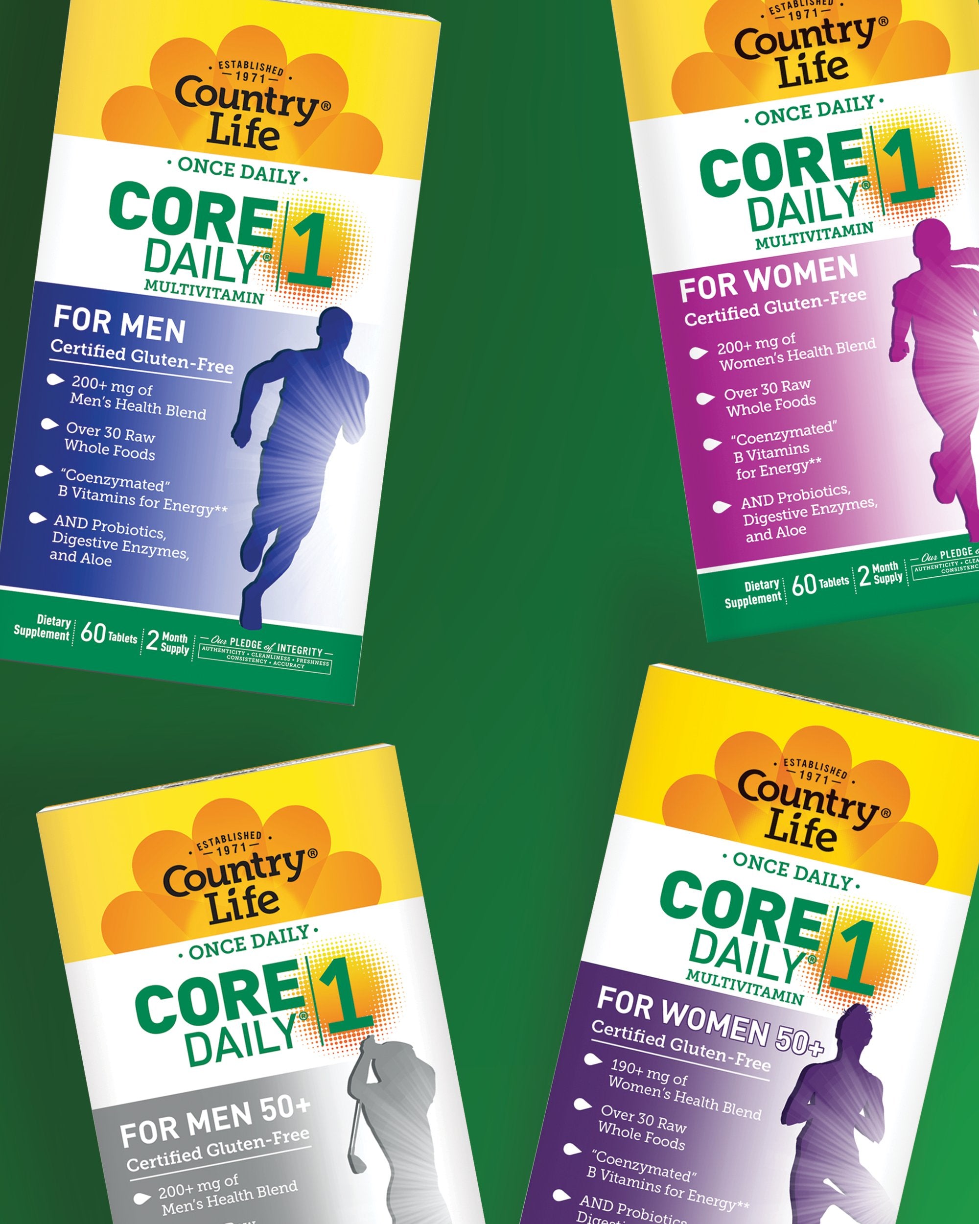 A collection of core dailt health supplements on a green background