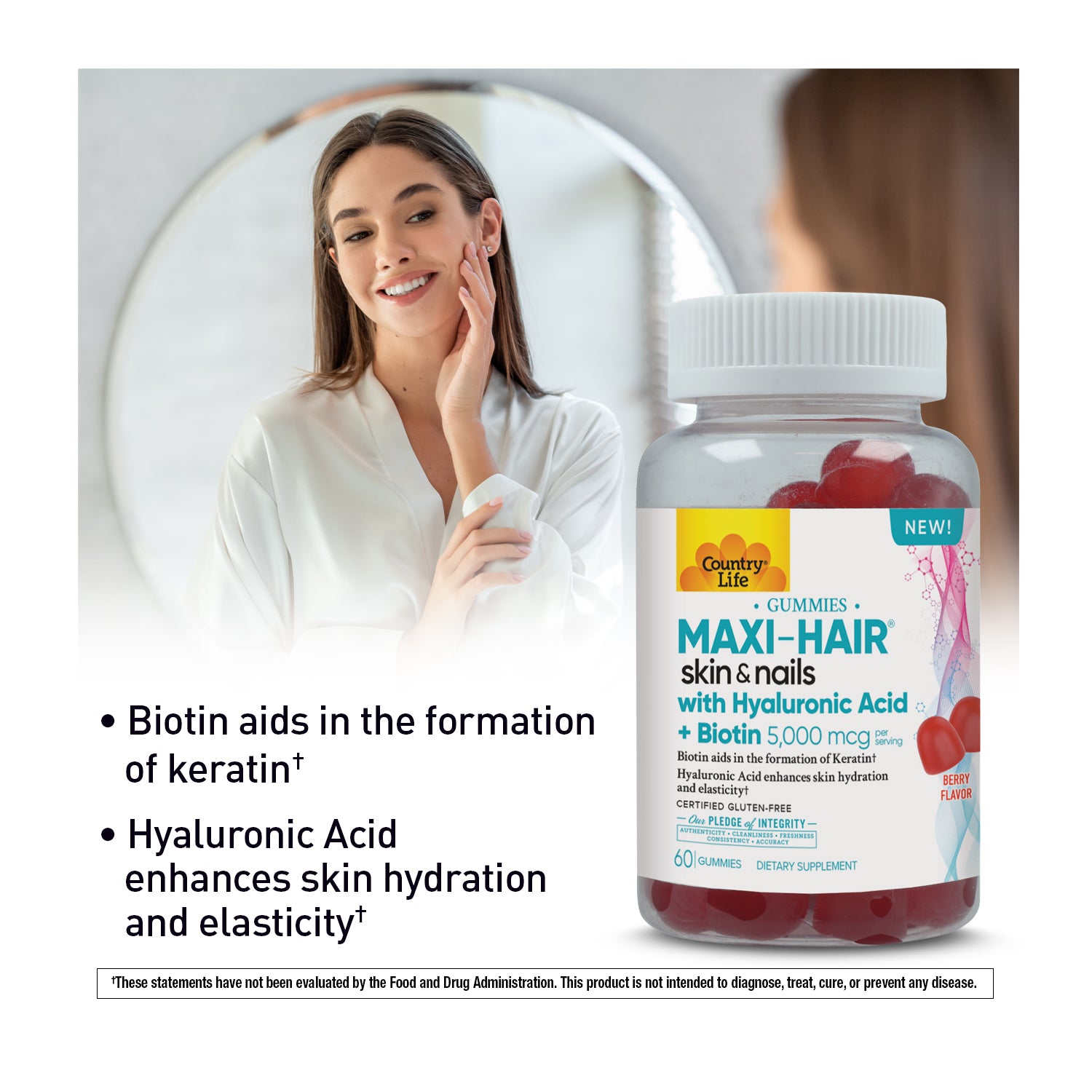 Supplement bottle with a woman in a white shirt and a mirror in the background media carousel view 4