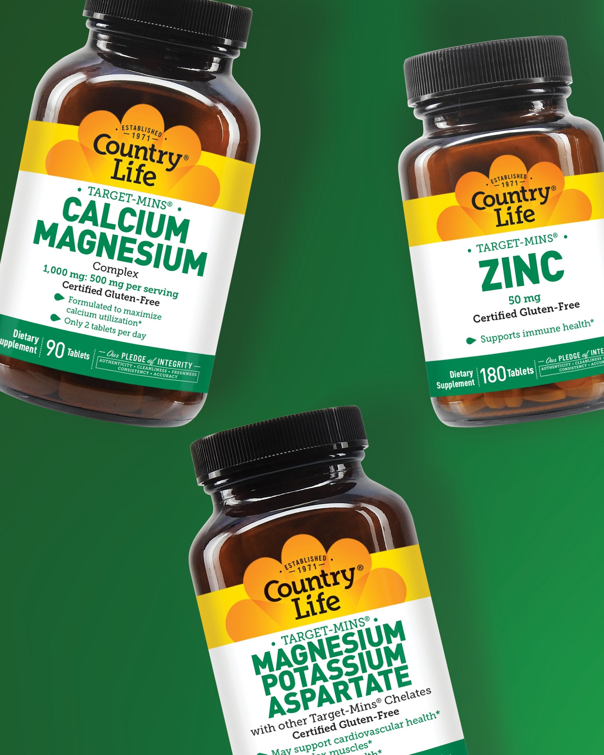 A collection of Target Mins health supplements on a green background