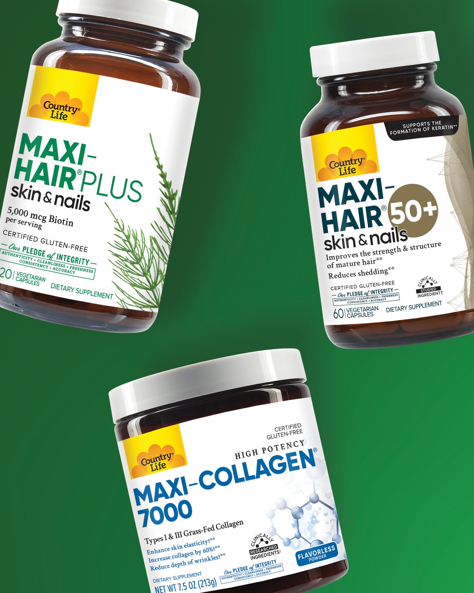 A collection of Maxi-beuty health supplements on a green background