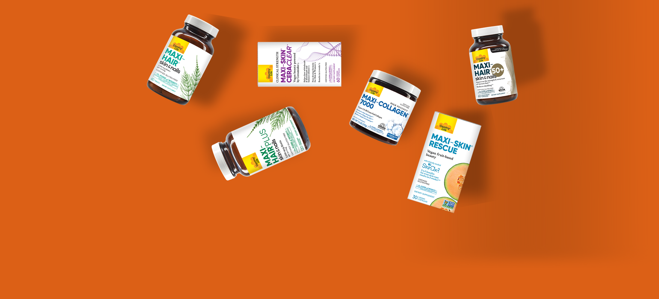 A collection of beauty supplements on an orange background