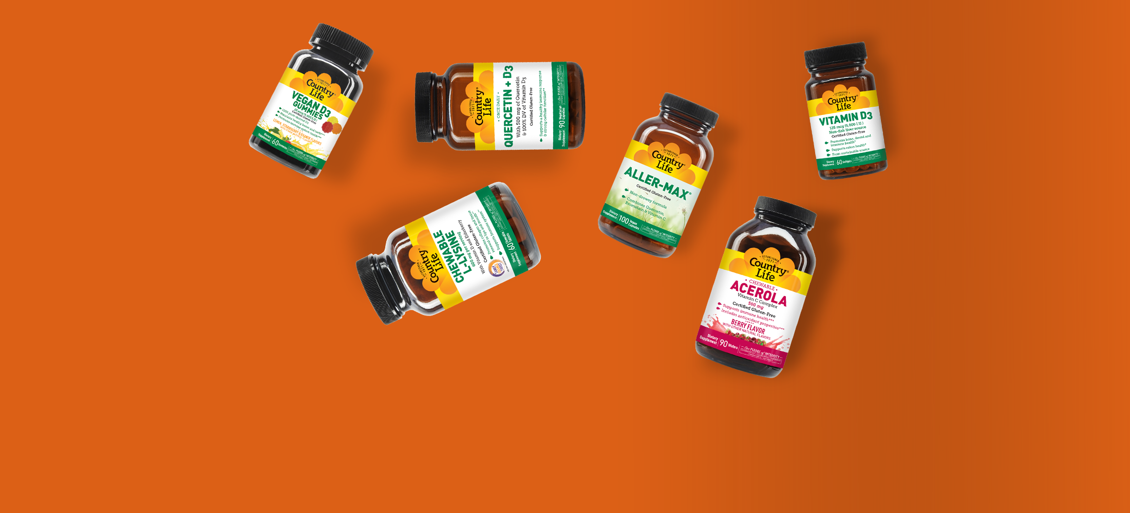 A collection of immunity supplements on an orange background