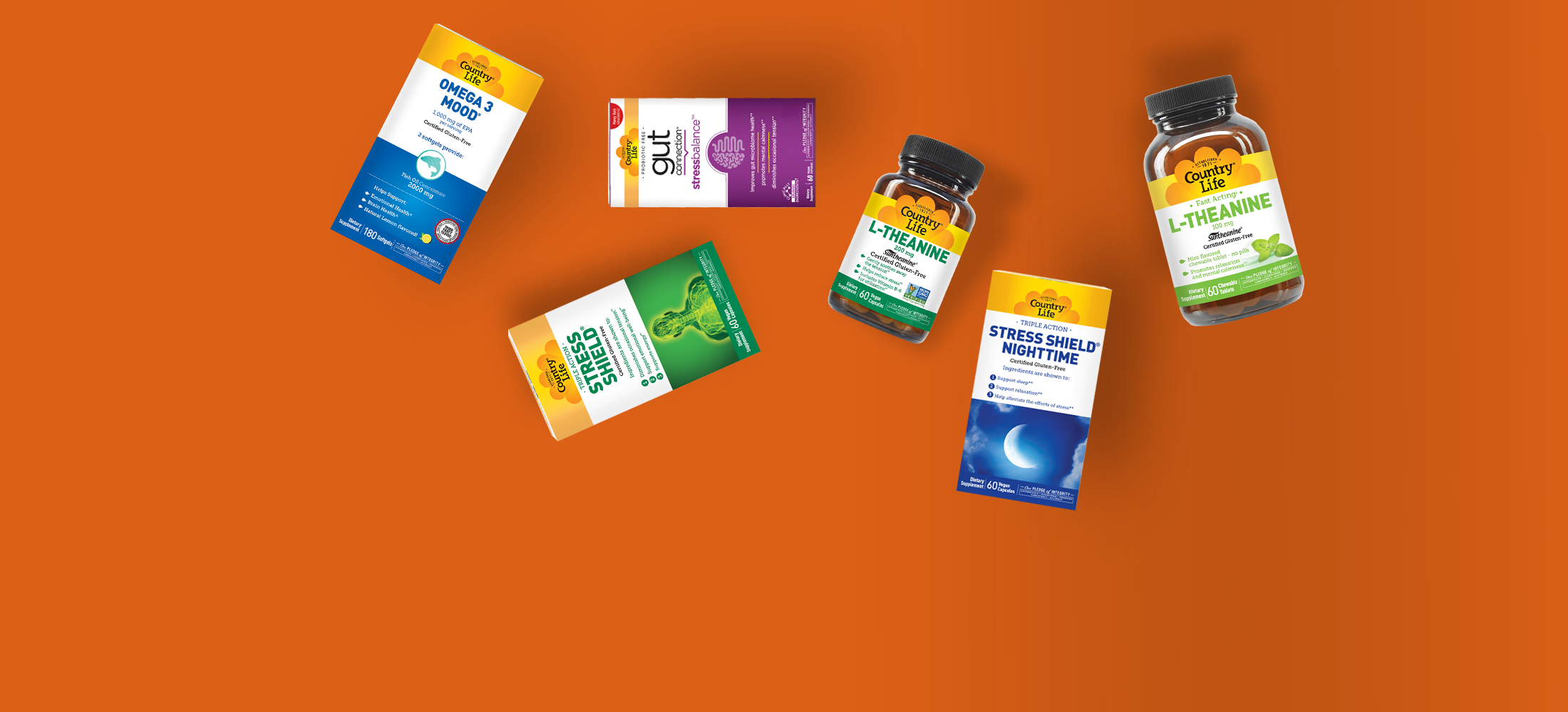 A collection of stress relief supplements on an orange background