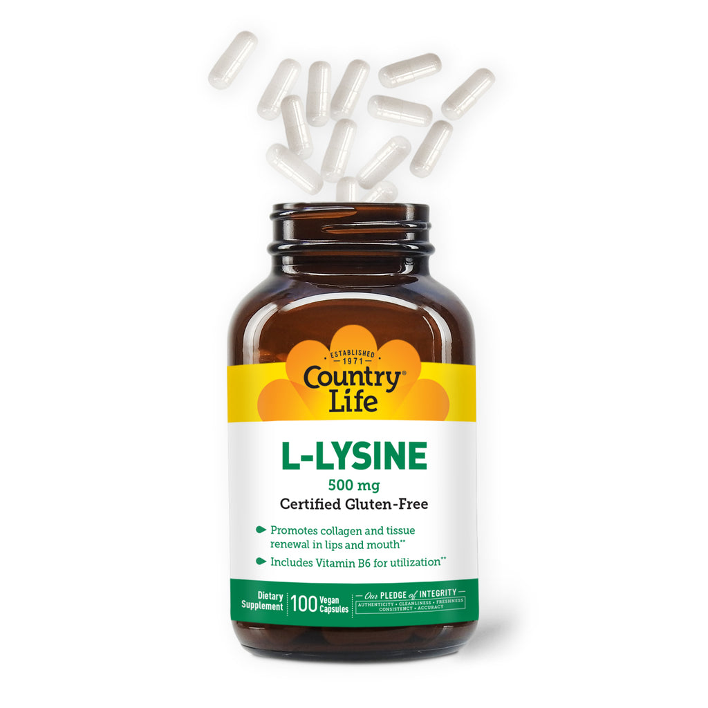 L-Lysine 500 MG 100 Vegan Capsules with vegan capsules coming out of the top of the bottle 