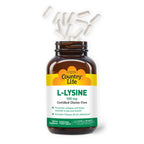 L-Lysine 500 MG 100 Vegan Capsules with vegan capsules coming out of the top of the bottle 