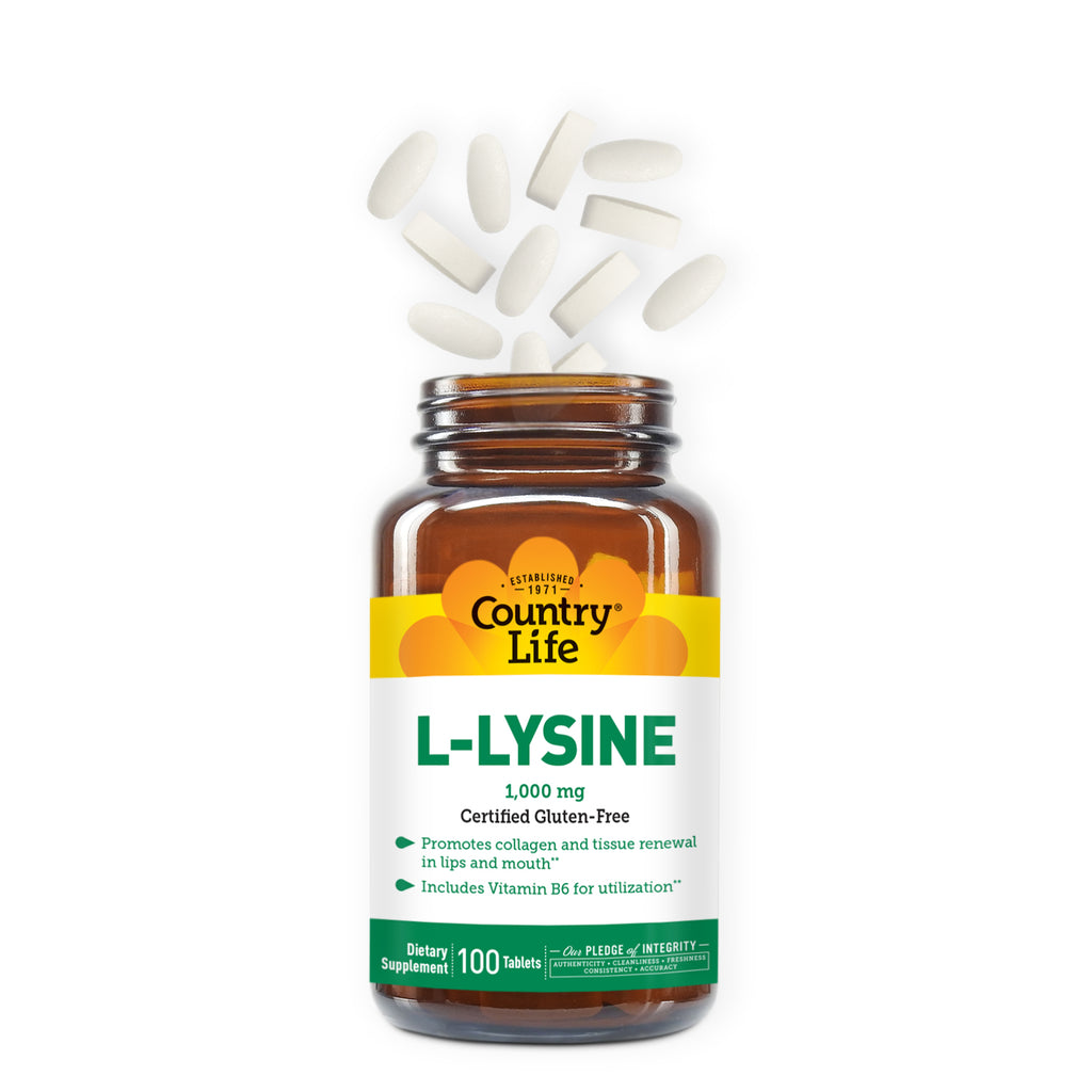 L-Lysine 1,000 MG bottle 100 Tablets with tablets coming out the top 