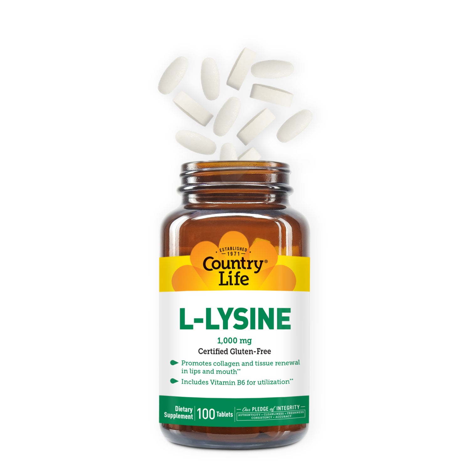 L-Lysine 1,000 MG bottle 100 Tablets with tablets coming out the top 