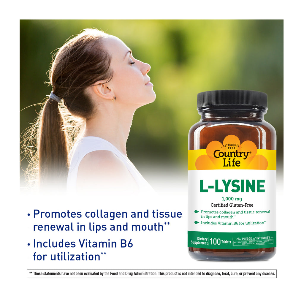 L-Lysine 1,000 MG bottle 100 Tablets with woman outside 