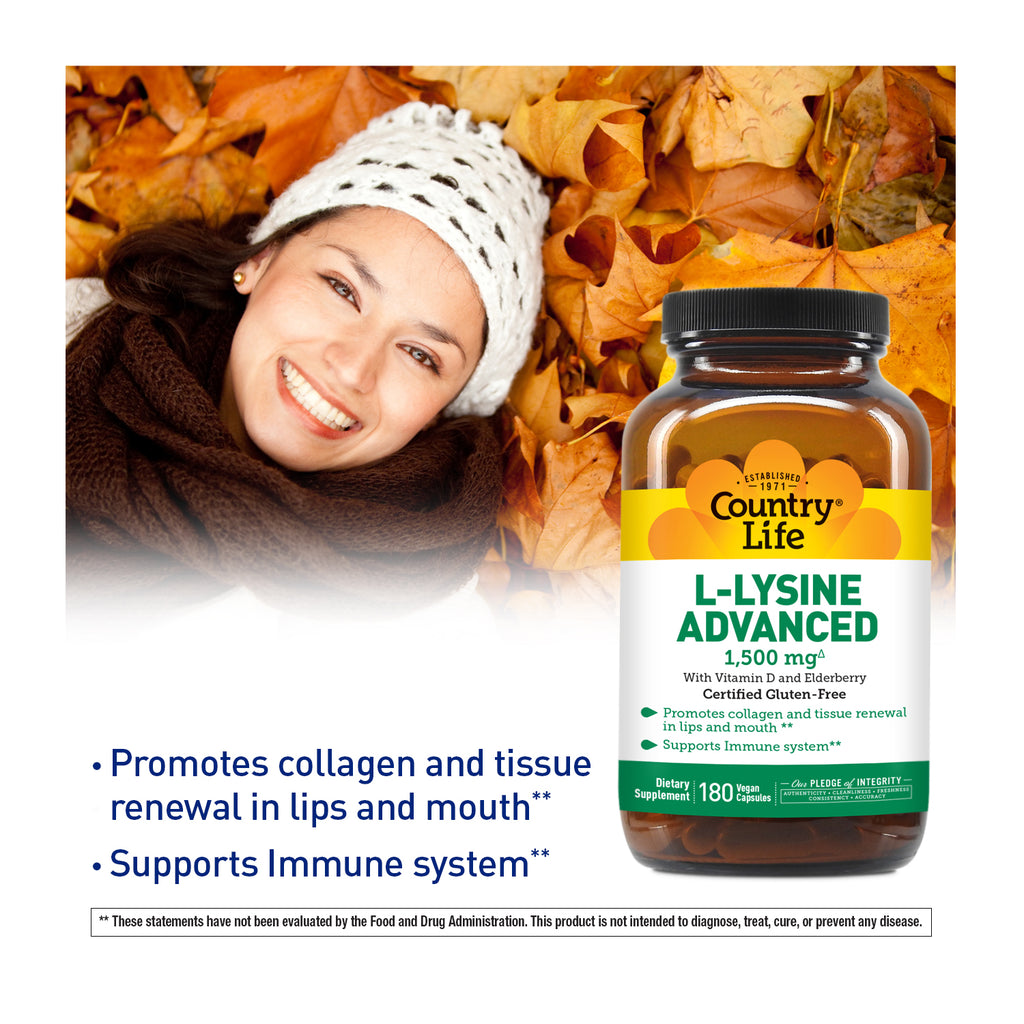 L-Lysine Advanced 1,500 mg 180 Vegan Capsules with women laying in fall leaves. 