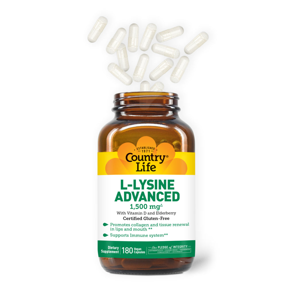 L-Lysine Advanced 1,500 mg 180 Vegan Capsules with capsules coming out of the top 