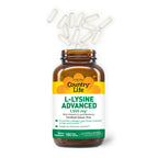L-Lysine Advanced 1,500 mg 180 Vegan Capsules with capsules coming out of the top 