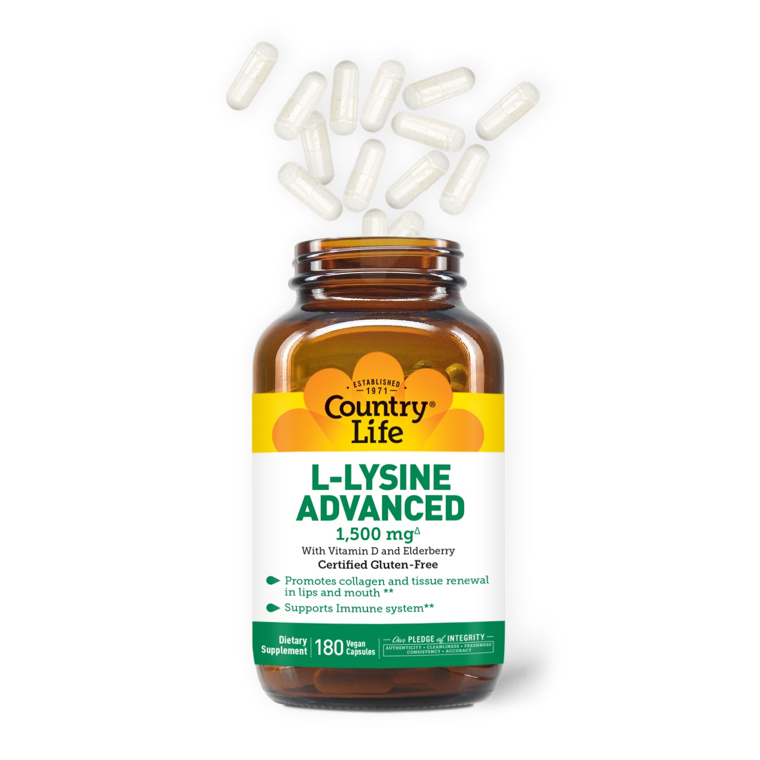 L-Lysine Advanced 1,500 mg 180 Vegan Capsules with capsules coming out of the top 