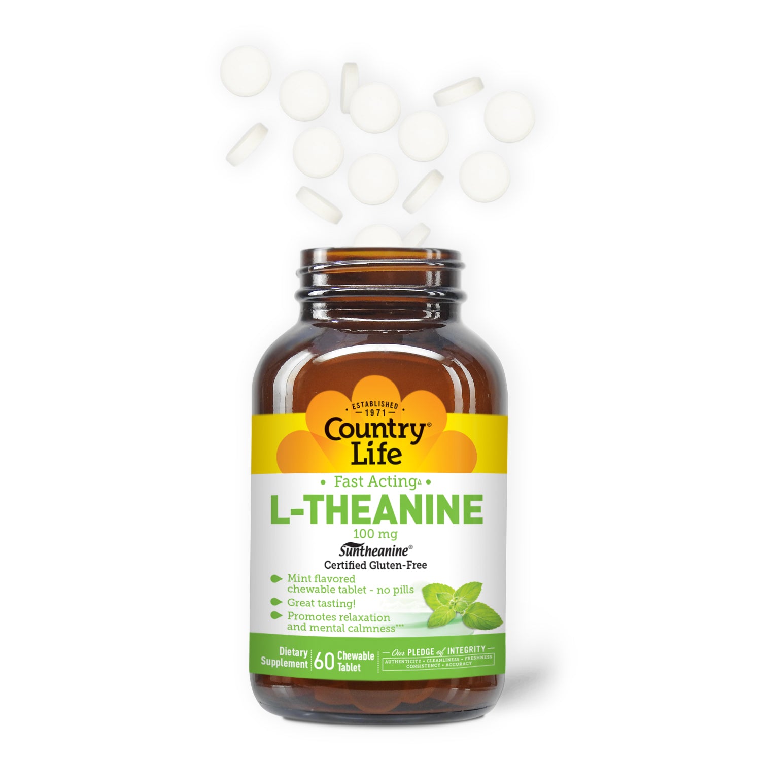 Fast Acting L-Theanine 100 MG 60 Chewable Tablet with tablets coming out of the top if the bottle