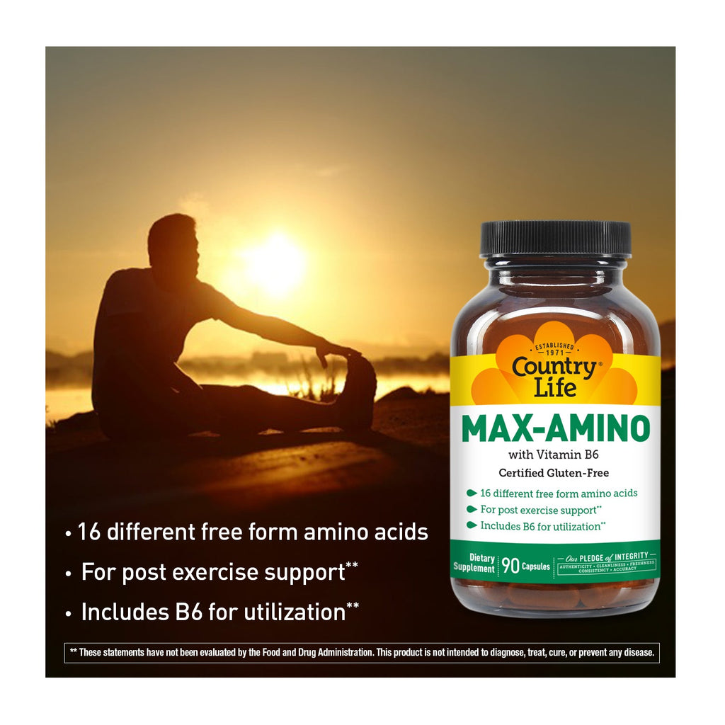 Bottle of Country Life Max-Amino supplement with a sunset silhouette in the background