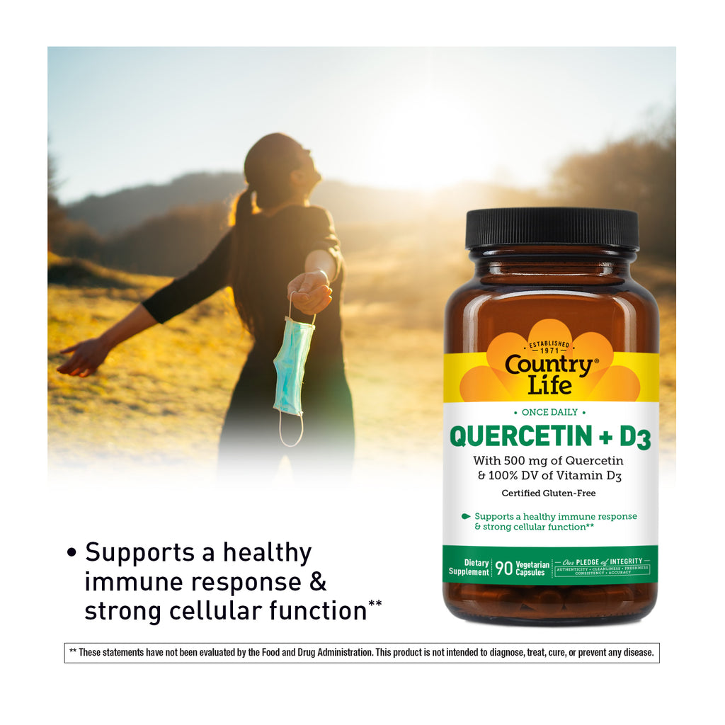 Quercetin + D3 bottle 90 Vegetarian capsules with women in back in a field 