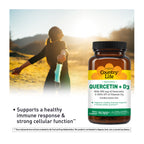 Quercetin + D3 bottle 90 Vegetarian capsules with women in back in a field 