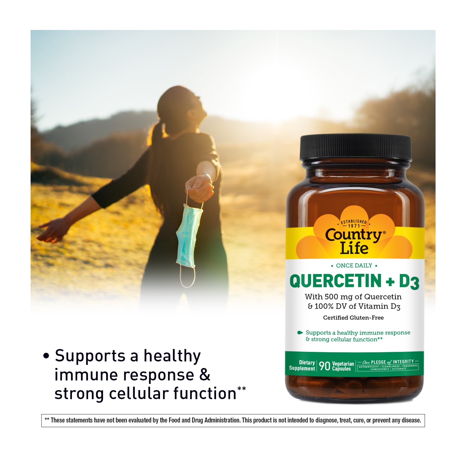 Quercetin + D3 bottle 90 Vegetarian capsules with women in back in a field 