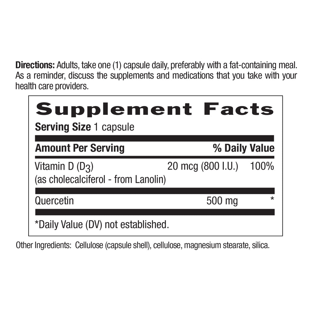 Supplement facts for Quercetin + D3 bottle 90 Vegetarian capsules