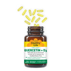 Quercetin + D3 bottle 90 Vegetarian capsules with capsules coming out of the top of the bottle 