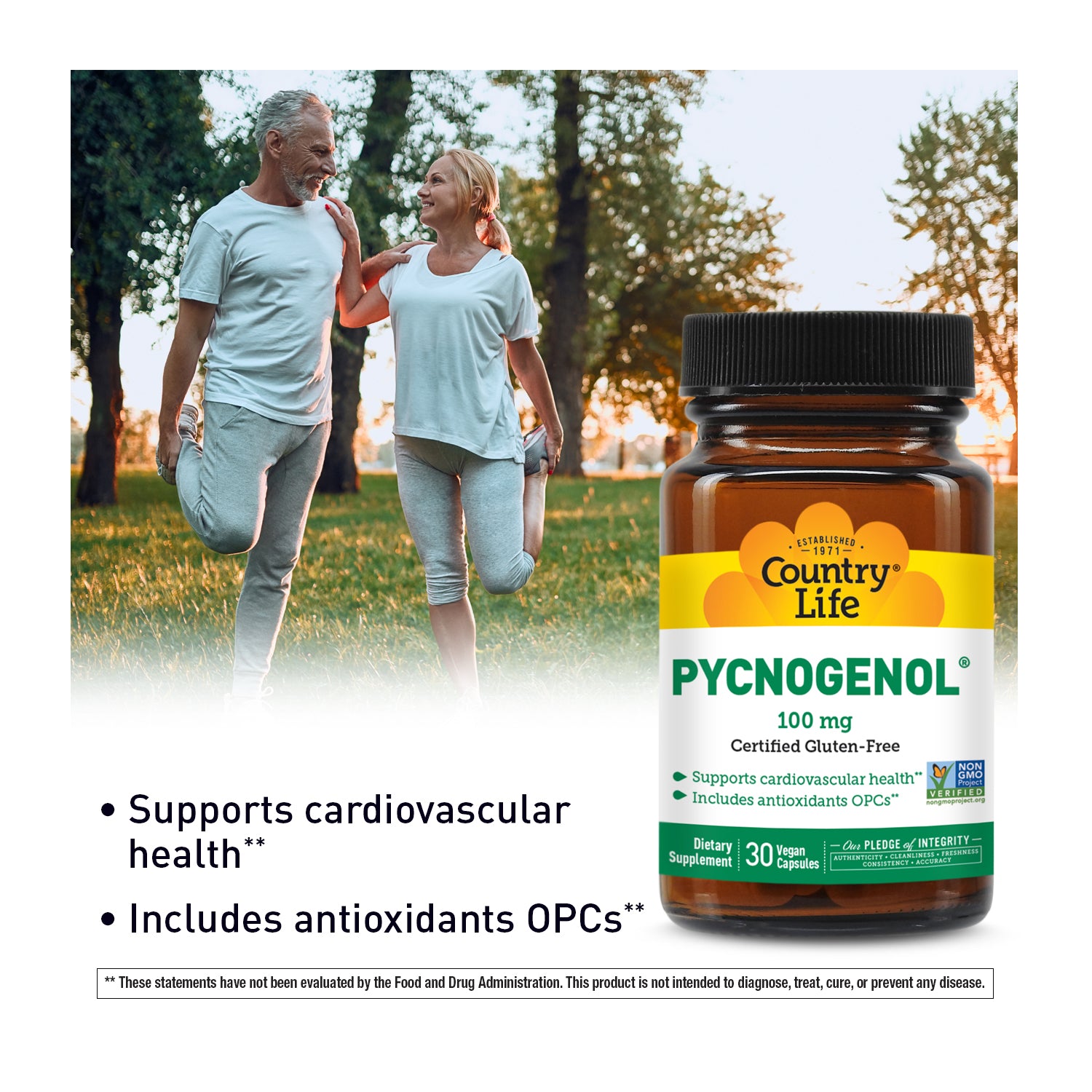 Pycnogenol 100 MG 30 Vegan Capsules with woman and man stretching 