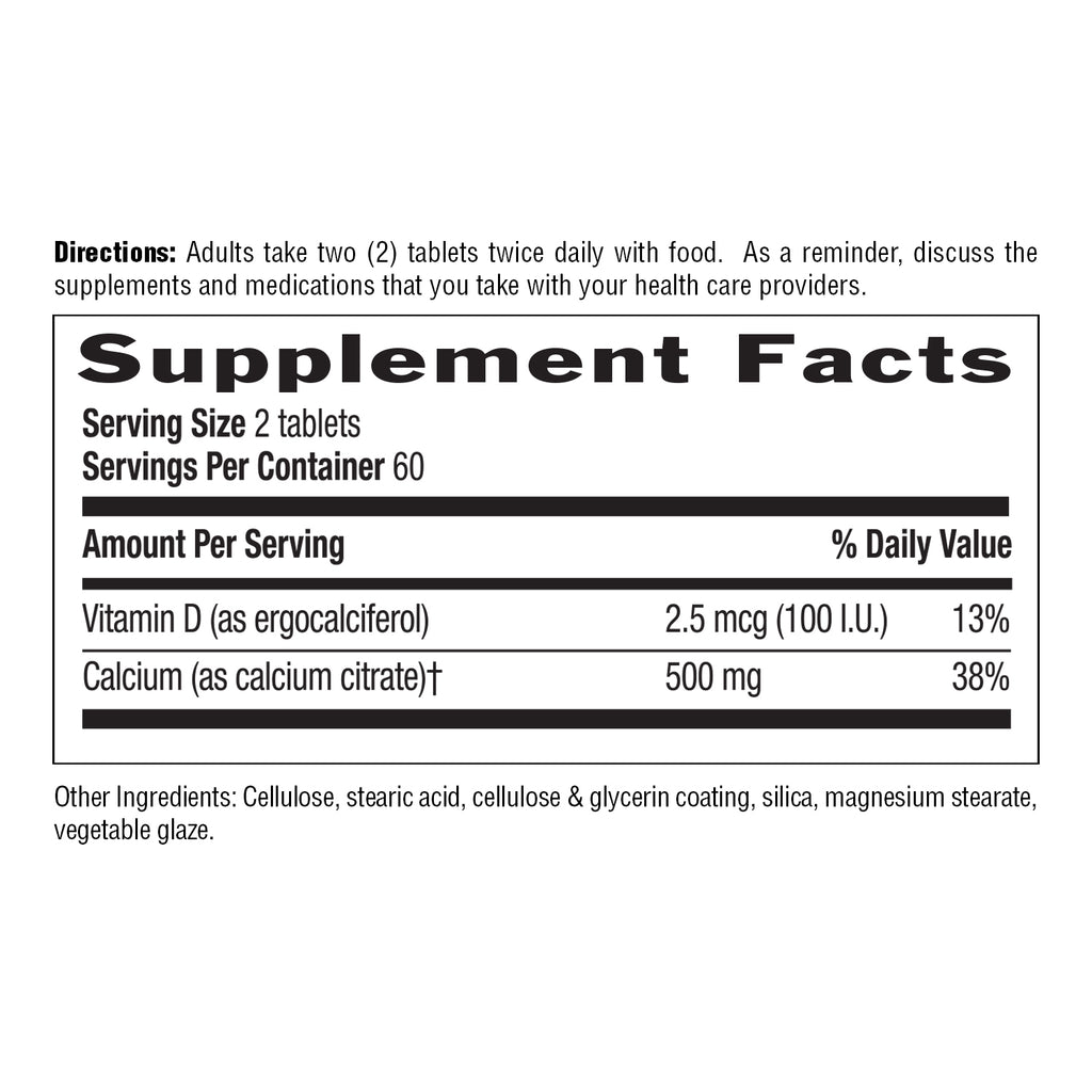 Supplement facts for Calcium Citrate with Vitamin D 120 count