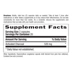 Supplement label with activated charcoal dosage and directions.
