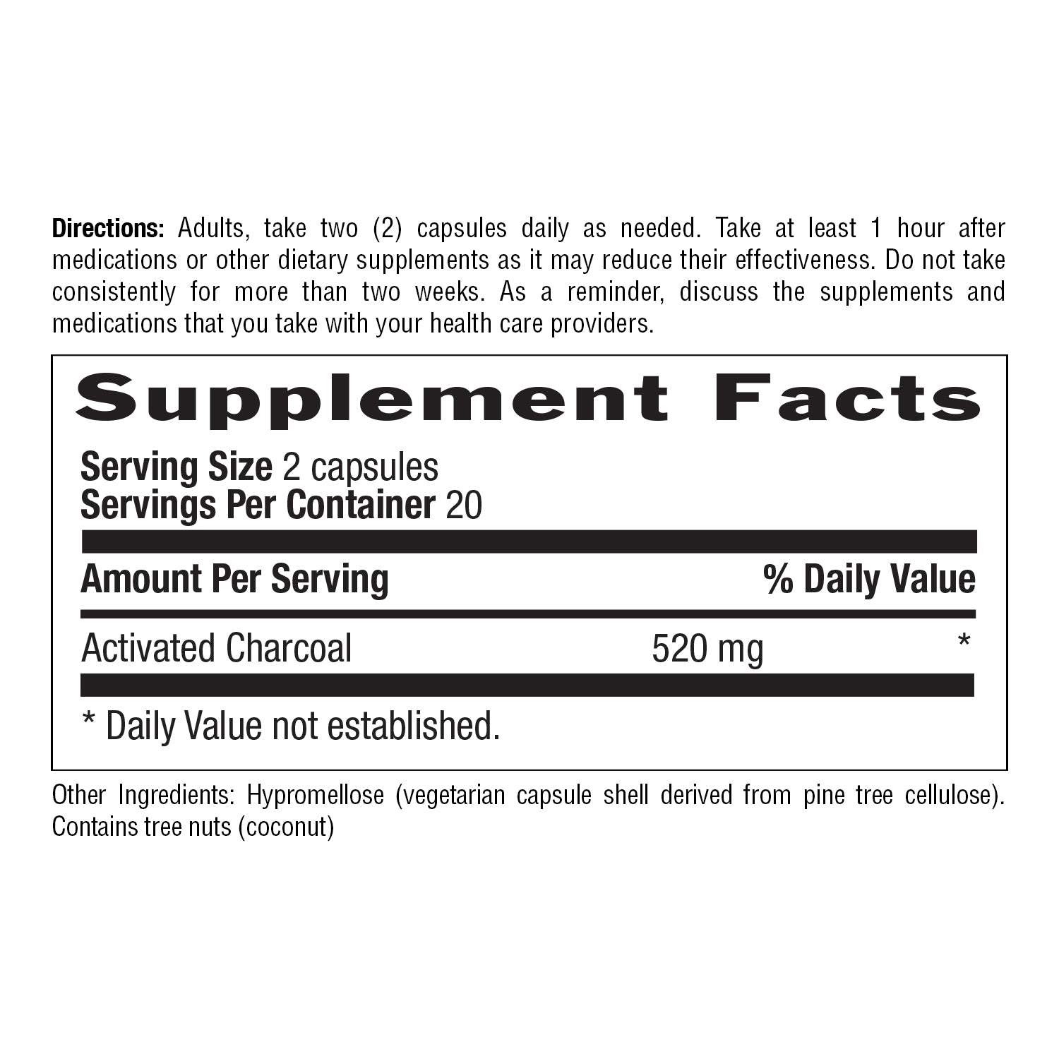 Supplement label with activated charcoal dosage and directions.