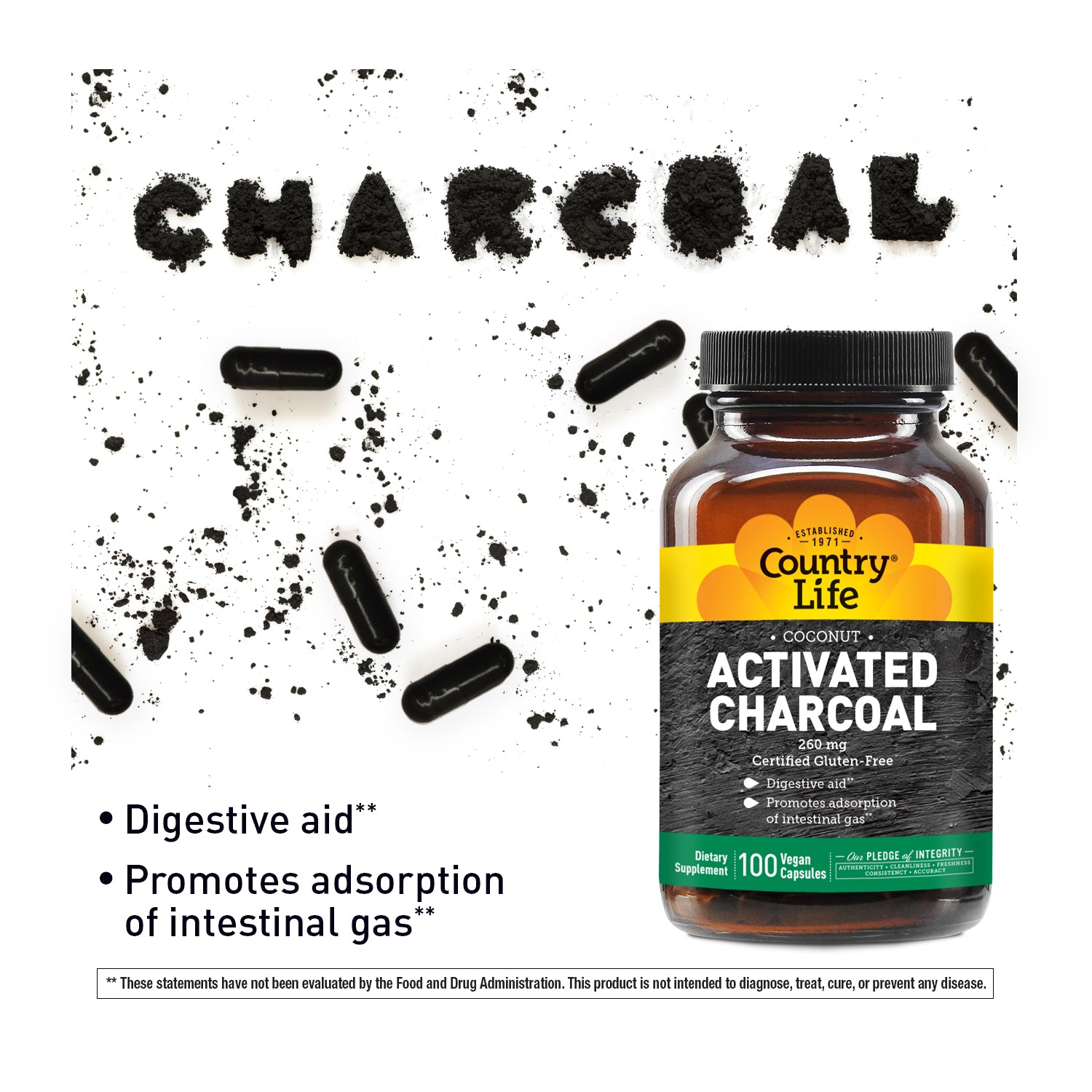 Bottle of Country Life Activated Charcoal with text about its uses on a white background. media carousel view 9