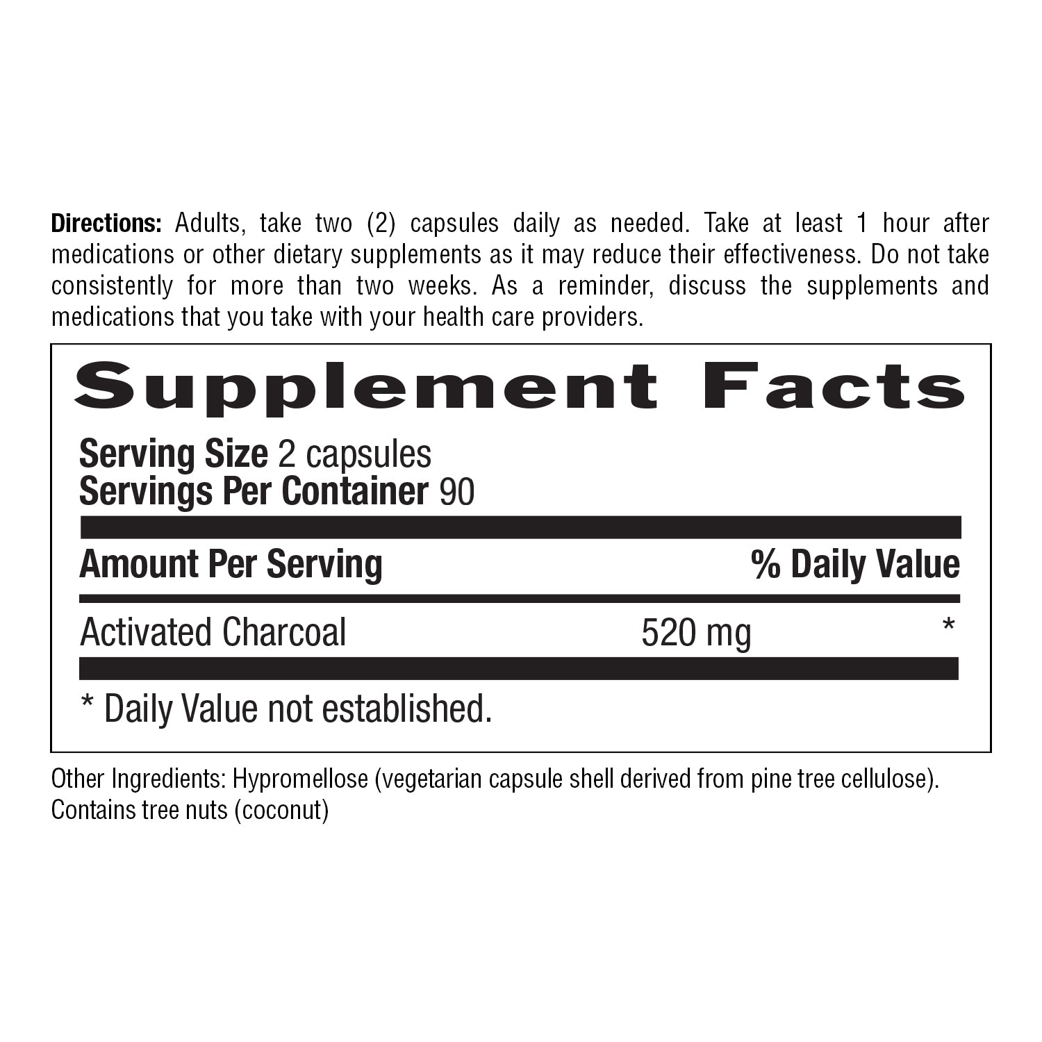 Supplement label with activated charcoal content and directions.
