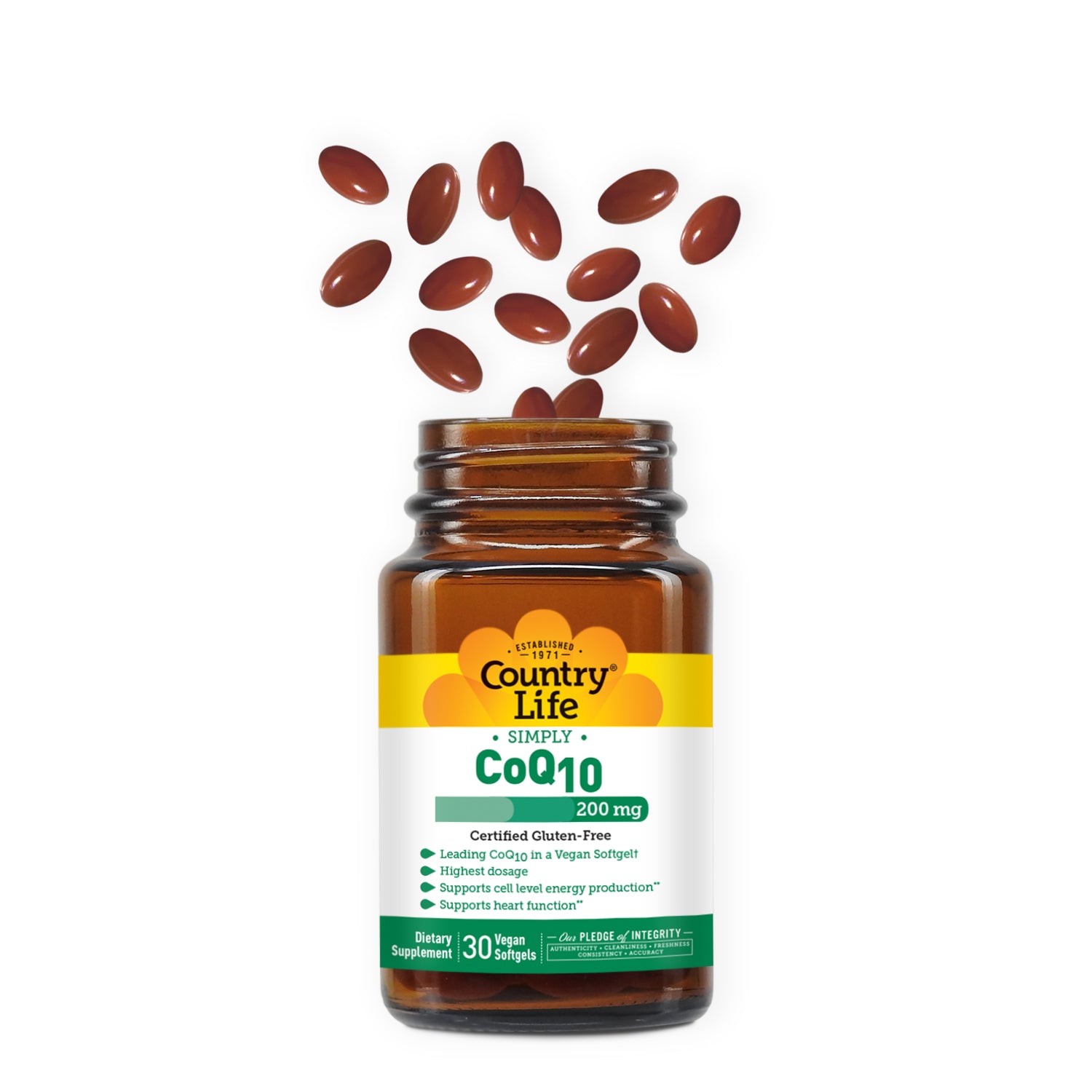 Vegan COQ10 200 MG 60 Vegan Softgels with softgels coming out of the top 