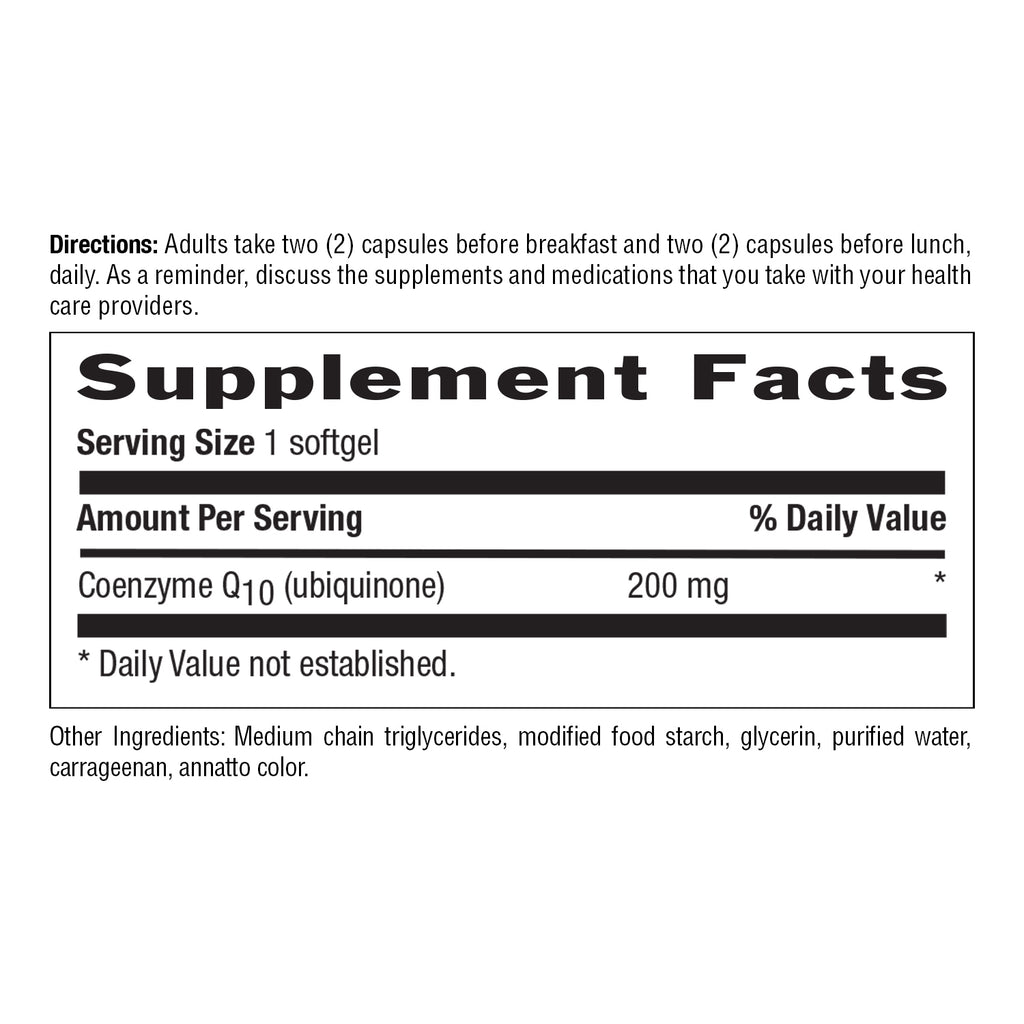 Supplement Facts for Vegan COQ10 200 MG 60 Vegan Softgels 