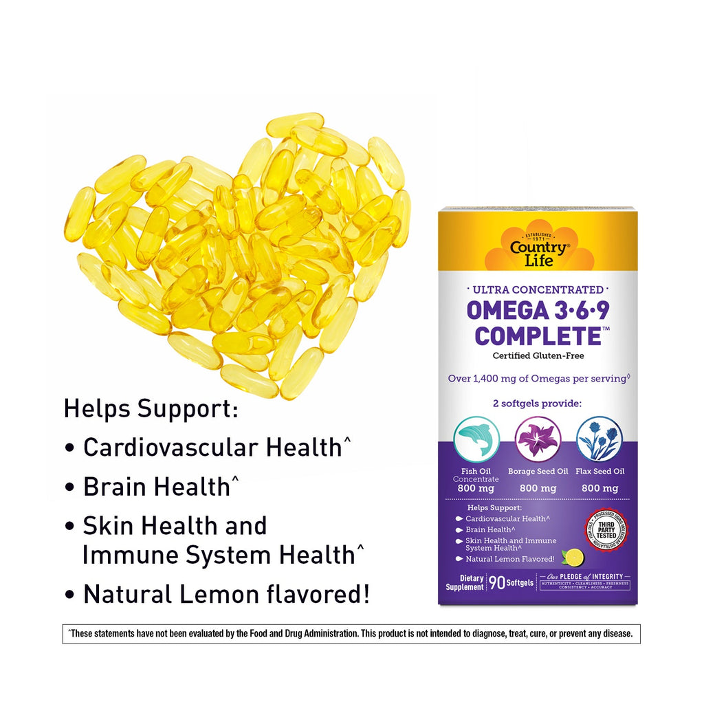 Yellow Omega-3 capsules forming a heart shape with Country Life Omega-3 supplement packaging on a white background.