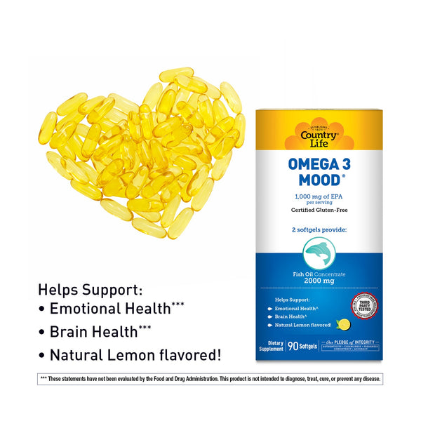 Yellow capsules forming a heart shape next to Country Life Omega 3 Mood supplement packaging on a white background.