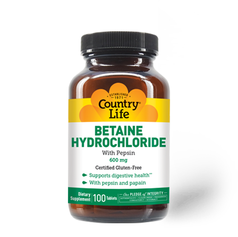 A bottle of Country Life Betaine Hydrochloride dietary supplement with Pepsin, containing 100 tablets.