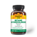 A bottle of Country Life Betaine Hydrochloride dietary supplement with Pepsin, containing 100 tablets.