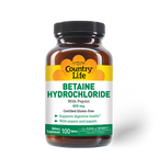 A bottle of Country Life Betaine Hydrochloride dietary supplement with Pepsin, containing 100 tablets.