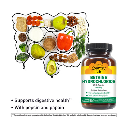Bottle of Country Life Betaine Hydrochloride supplement with a food plate illustration on a white background.