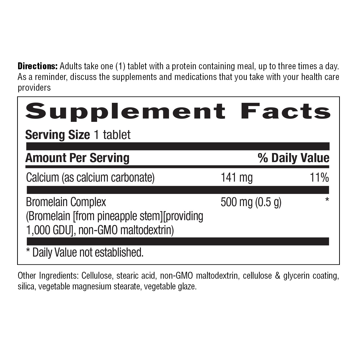 Supplement label with calcium and bromelain complex information on a white background