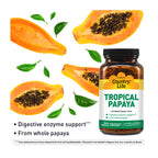 Tropical Papaya supplement bottle with papaya slices and leaves on a white background