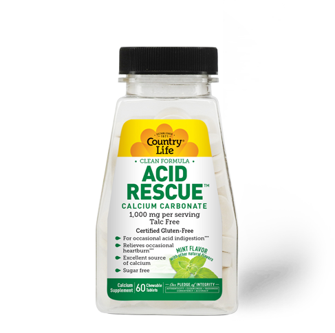 Bottle of Country Life Acid Rescue Calcium Carbonate with mint flavor, 1000 mg per serving, gluten-free, no sugar added, with artificial flavor.